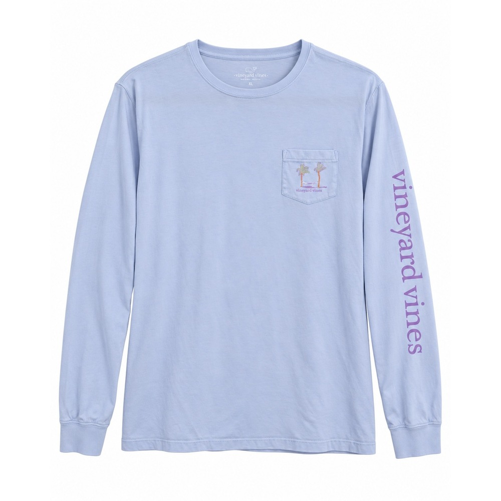 Vineyard Vines Mens XL Long Sleeve Pocket Graphic Tee Blue Beach Palm Tree